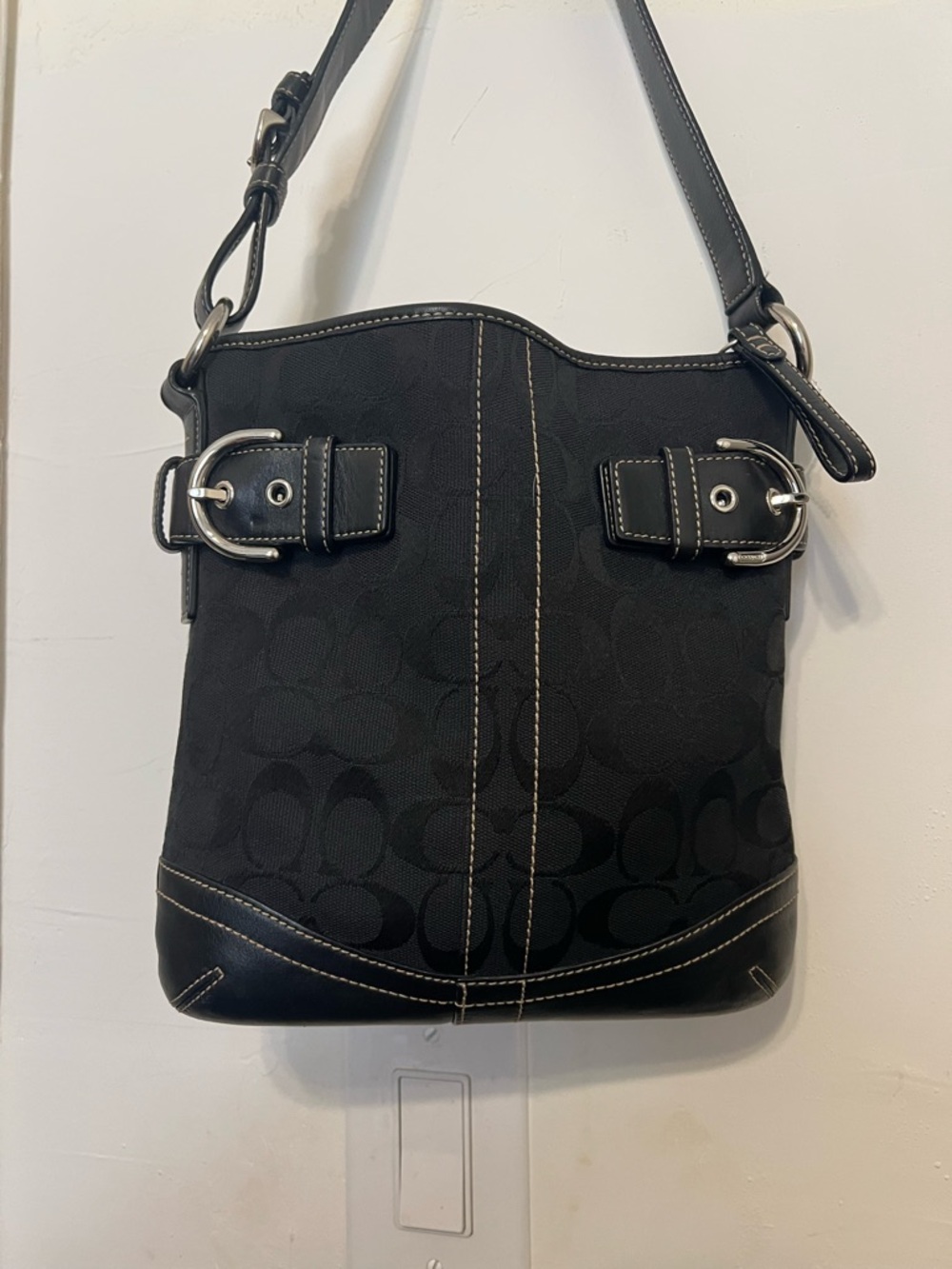 Coach Black Signature Jacquard Shoulder Bag with Buckle Accents